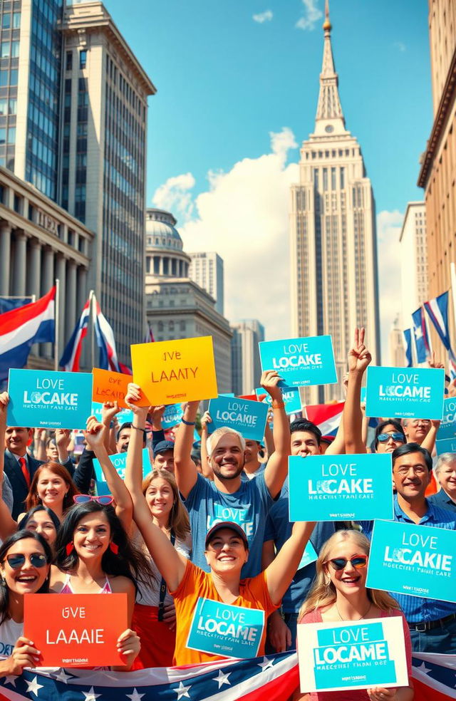 A visually engaging political marketing campaign concept, showcasing a diverse group of enthusiastic supporters holding up colorful signs, wearing campaign merchandise, and passionately rallying in a vibrant urban setting