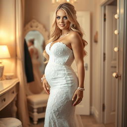 In a beautifully decorated dressing area, a young beautiful curvy bride with long, flowing blonde hair and striking blue eyes stands proudly wearing a very tight lace wedding dress