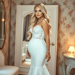 In a beautifully decorated dressing area, a young beautiful curvy bride with long, flowing blonde hair and striking blue eyes stands proudly wearing a very tight lace wedding dress
