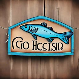 A digital art image of a rustic, vintage-style sign for a bar named 'Go Fish' on the Mississippi River