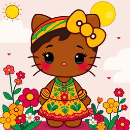 A cute, anthropomorphic character inspired by Hello Kitty, featuring brown skin, wearing a stylish outfit that reflects a blend of Texas Mexican and Jamaican culture