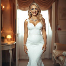 In a beautifully decorated dressing area, a young beautiful curvy bride with long, flowing blonde hair and bright blue eyes beams with joy as she smiles