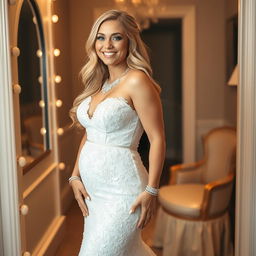 In a beautifully decorated dressing area, a young beautiful curvy bride with long, flowing blonde hair and bright blue eyes beams with joy as she smiles
