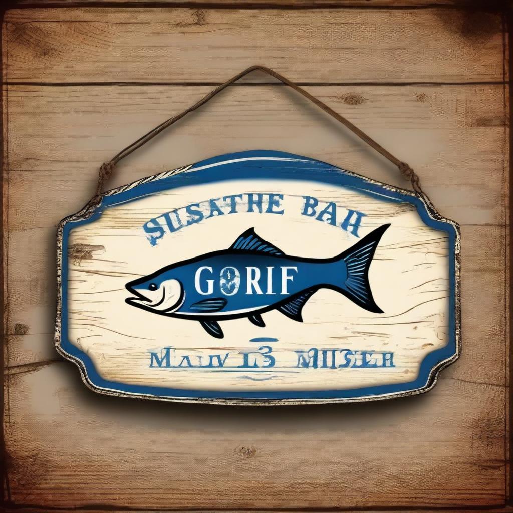 A digital art image of a rustic, vintage-style sign for a bar named 'Go Fish' on the Mississippi River