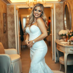 In a beautifully decorated dressing area, a young beautiful curvy bride with long, flowing blonde hair and bright blue eyes beams with joy as she smiles