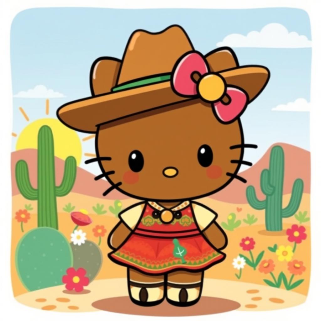 A whimsical illustration of a brown-skinned Hello Kitty character dressed in a fashionable outfit that blends Mexican and Texan aesthetics