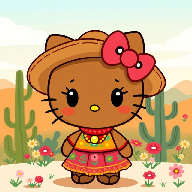 A whimsical illustration of a brown-skinned Hello Kitty character dressed in a fashionable outfit that blends Mexican and Texan aesthetics