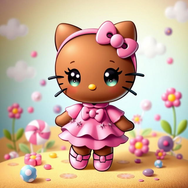 A cute and stylized character resembling Hello Kitty, with a brown skin tone, wearing a fashionable pink dress adorned with bows and sparkles