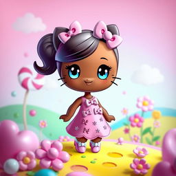 A cute and stylized character resembling Hello Kitty, with a brown skin tone, wearing a fashionable pink dress adorned with bows and sparkles