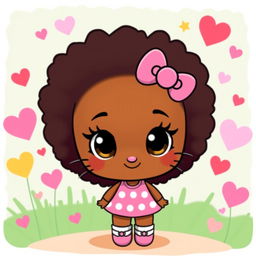 A brown-skinned girl character designed as a version of Hello Kitty, featuring an adorable Afro hairstyle