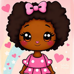 A brown-skinned girl character designed as a version of Hello Kitty, featuring an adorable Afro hairstyle