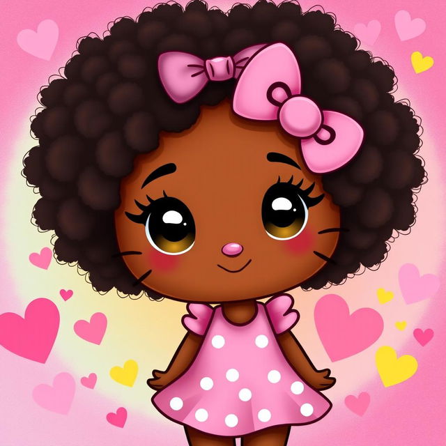 A brown-skinned girl character designed as a version of Hello Kitty, featuring an adorable Afro hairstyle