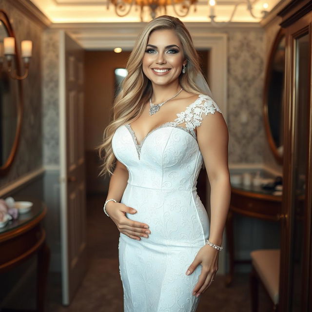 In an elegantly decorated dressing area, a happy, young beautiful curvy bride with long, flowing blonde hair and bright blue eyes radiates joy as she prepares for her special day