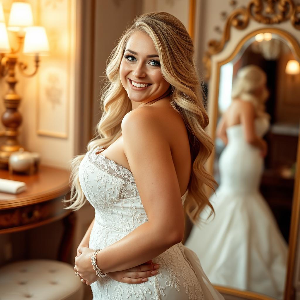 In an elegantly decorated dressing area, a happy, young beautiful curvy bride with long, flowing blonde hair and bright blue eyes radiates joy as she prepares for her special day