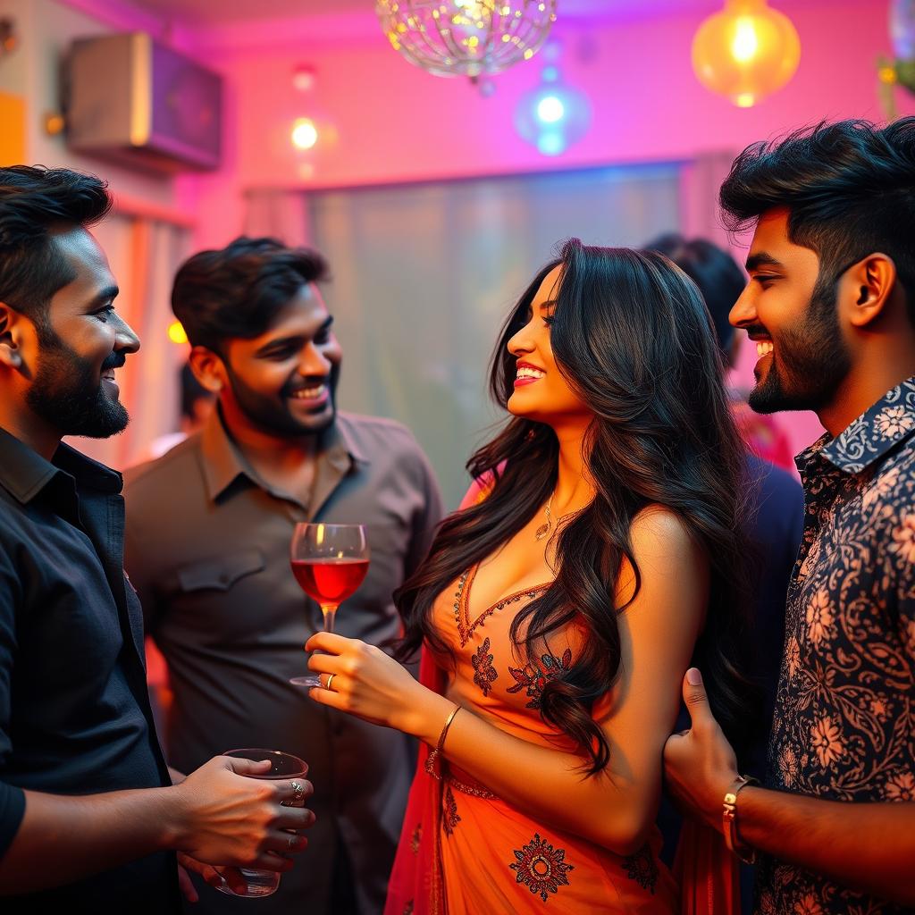 A sensual scene at a vibrant house party featuring an attractive Indian woman with long hair, portraying a carefree and playful atmosphere