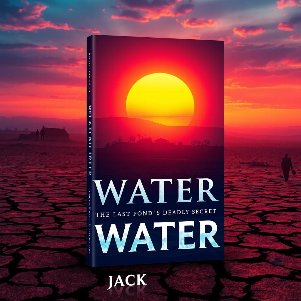 A stunning book cover design for 'Water: The Last Pond's Deadly Secret' by Jack, featuring drought-stricken land with cracked earth under a vivid sunset