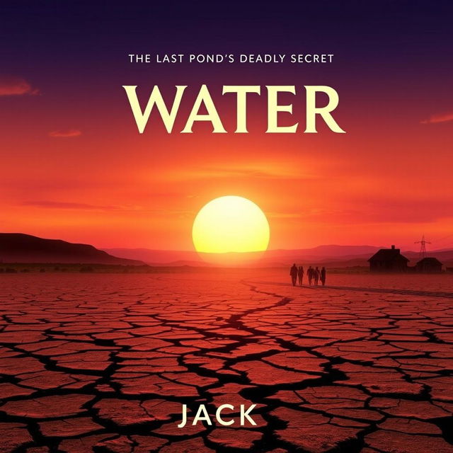 A stunning book cover design for 'Water: The Last Pond's Deadly Secret' by Jack, featuring drought-stricken land with cracked earth under a vivid sunset