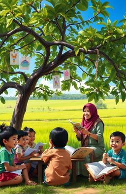 A serene and vibrant depiction of education in the Indonesian countryside, showcasing a rural classroom under a large tree, with children's colorful drawings on paper hanging from branches