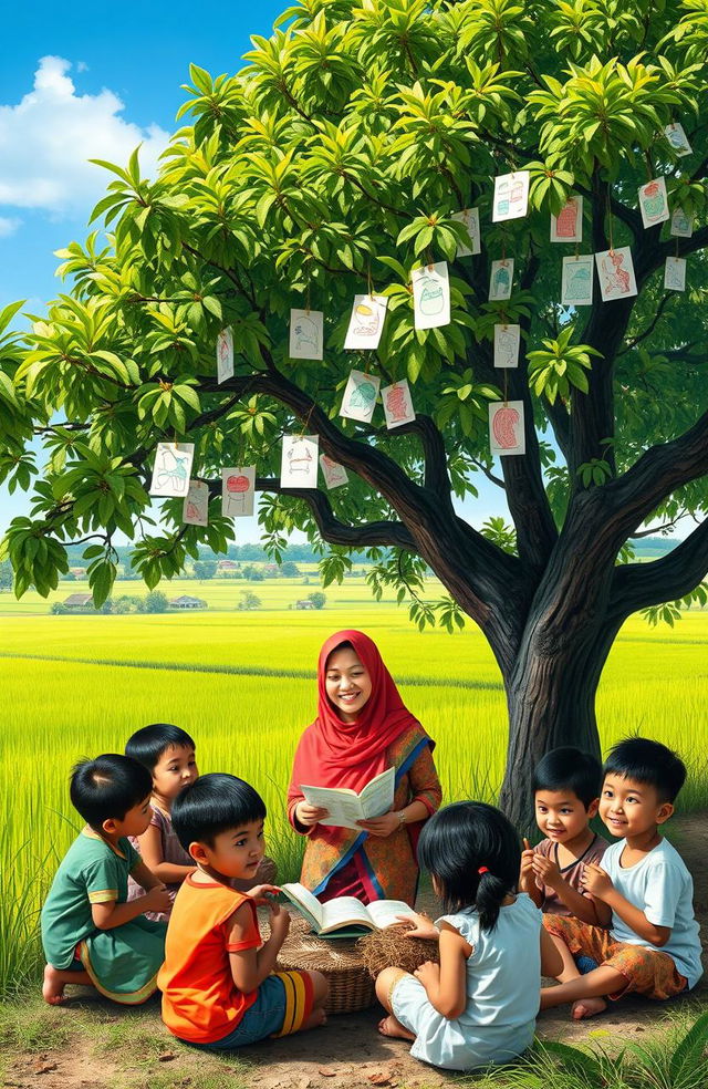 A serene and vibrant depiction of education in the Indonesian countryside, showcasing a rural classroom under a large tree, with children's colorful drawings on paper hanging from branches