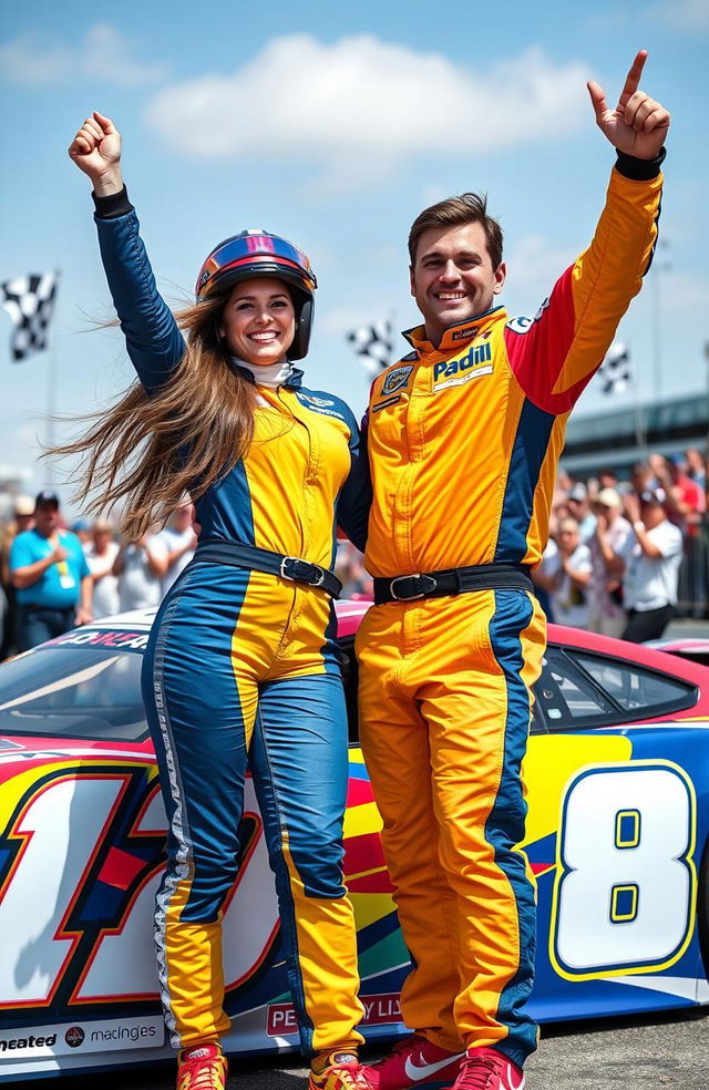 A racing couple celebrating their victory at the racetrack, with a joyful baby in their arms