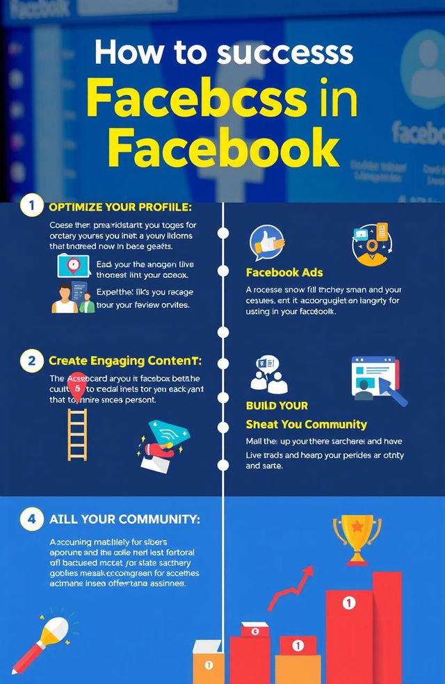 A visually informative and engaging graphic design tutorial on achieving success on Facebook, featuring a step-by-step guide with icons and illustrations