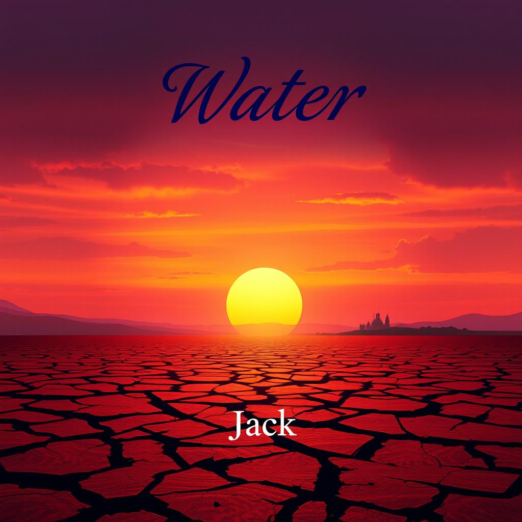 A stunning book cover design for 'Water: The Last Pond's Deadly Secret' written by Jack, featuring drought-stricken land with cracked earth under a vivid sunset