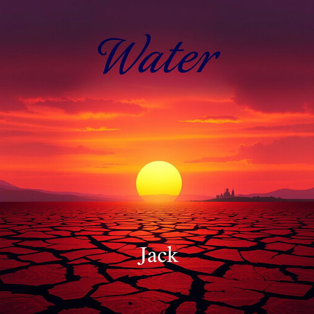 A stunning book cover design for 'Water: The Last Pond's Deadly Secret' written by Jack, featuring drought-stricken land with cracked earth under a vivid sunset