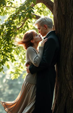 A romantic scene featuring Hermione Granger and Draco Malfoy sharing a tender kiss near a beautifully textured tree with lush green leaves