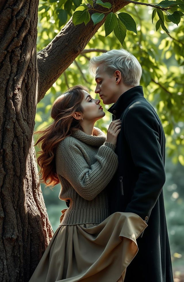 A romantic scene featuring Hermione Granger and Draco Malfoy sharing a tender kiss near a beautifully textured tree with lush green leaves