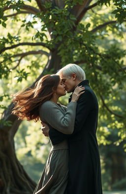 A romantic scene featuring Hermione Granger and Draco Malfoy sharing a tender kiss near a beautifully textured tree with lush green leaves