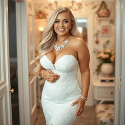In a beautifully decorated dressing area, a happy young beautiful curvy bride with long, flowing blonde hair and bright blue eyes exudes joy as she prepares for her wedding