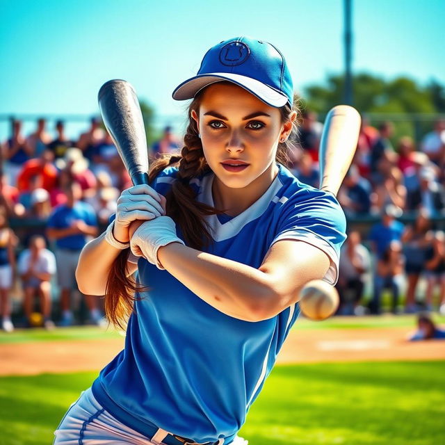 A dynamic and energetic scene featuring a female softball player in mid-swing, capturing the intensity of the game