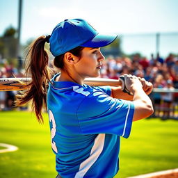 A dynamic and energetic scene featuring a female softball player in mid-swing, capturing the intensity of the game