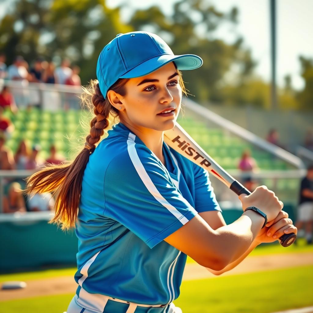 A dynamic and energetic scene featuring a female softball player in mid-swing, capturing the intensity of the game