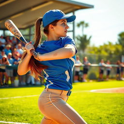 A dynamic and energetic scene featuring a female softball player in mid-swing, capturing the intensity of the game