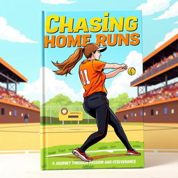 A captivating book cover design for a softball-themed book, featuring a bold and dynamic illustration of a female softball player in action