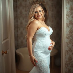 In a beautifully adorned dressing area, a happy young beautiful plump bride with long, flowing blonde hair and vibrant blue eyes radiates joy as she prepares for her wedding day