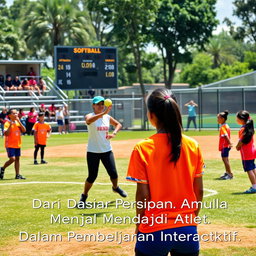 A vibrant and dynamic scene capturing the essence of beginner softball training