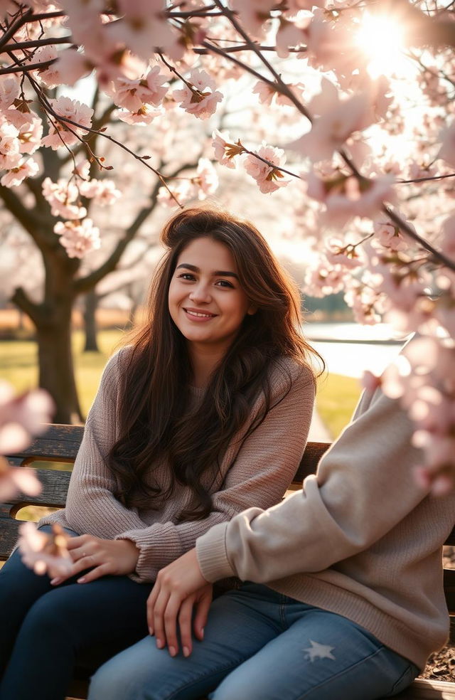 A close-up image depicting two young adults deeply in love, sitting on a park bench surrounded by blooming cherry blossom trees