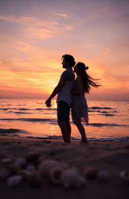 A romantic scene depicting a beautiful sunset over a serene beach