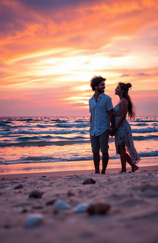 A romantic scene depicting a beautiful sunset over a serene beach