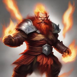 A semi-realistic digital art image of a Dwarf Battle Rager from Dungeons and Dragons 5e, engulfed in flames and wielding battle axes