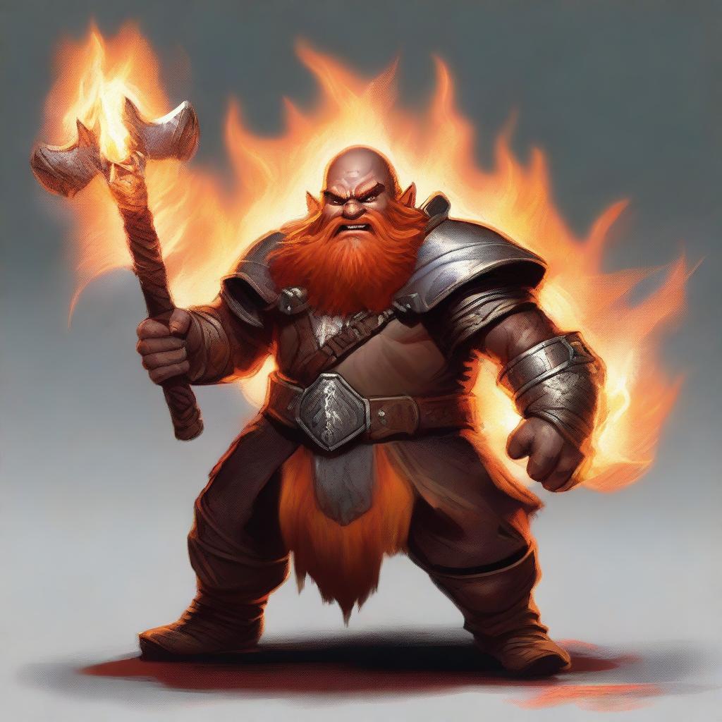 A semi-realistic digital art image of a Dwarf Battle Rager from Dungeons and Dragons 5e, engulfed in flames and wielding battle axes