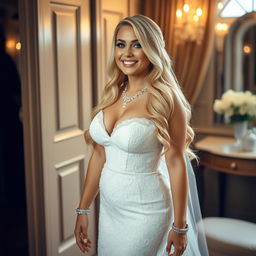 In an elegantly styled dressing area, a happy young beautiful pleasantly plump bride with long, cascading blonde hair and bright blue eyes radiates joy as she prepares for her wedding day