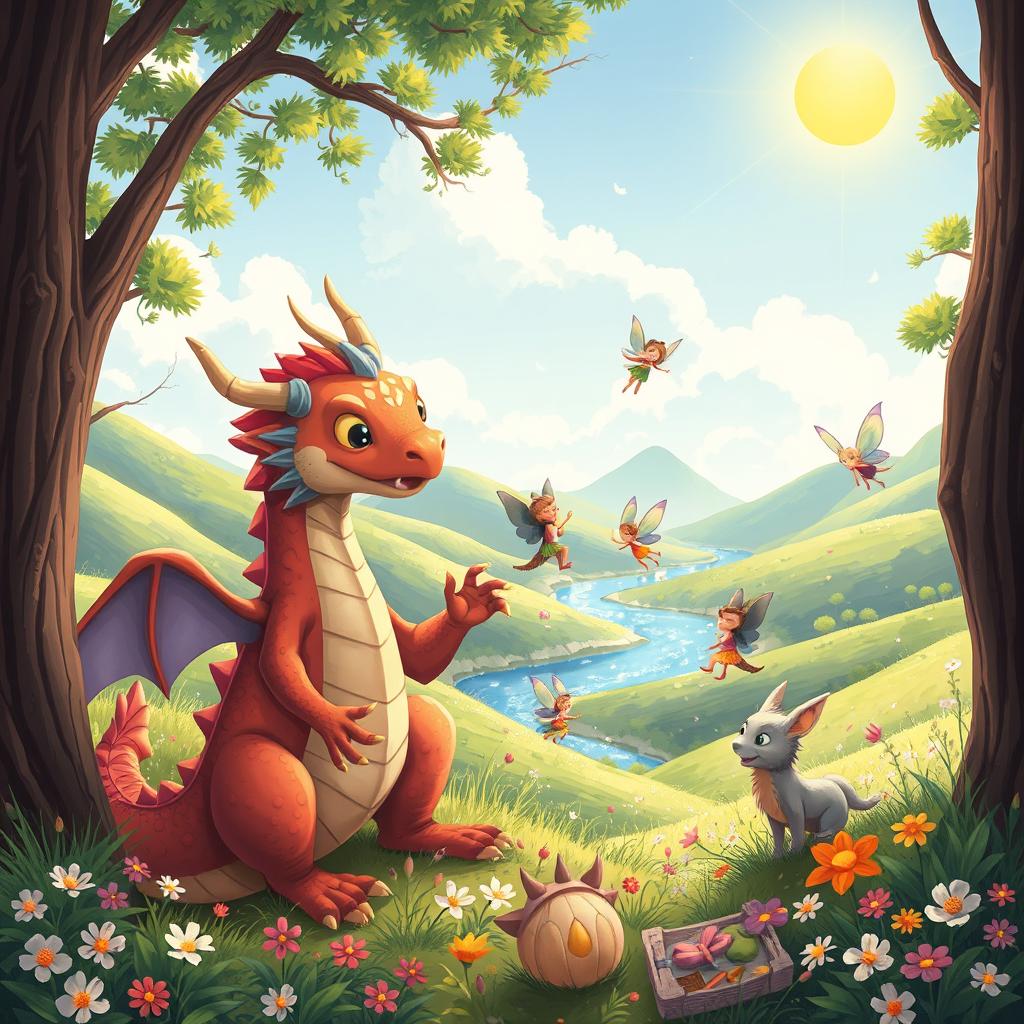 A semi-cartoon style illustration depicting a fantasy setting where mythical creatures are interacting