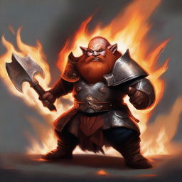 A semi-realistic digital art image of a Dwarf Battle Rager from Dungeons and Dragons 5e, engulfed in flames and wielding battle axes