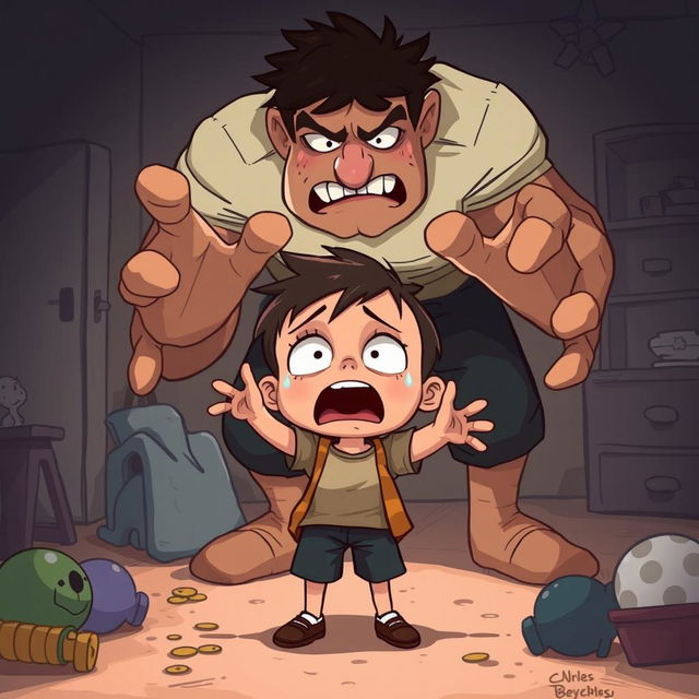 A semi-cartoon style illustration depicting the struggle of a young child trying to stand up to a larger and more imposing adult figure, filled with dramatic expressions of fear and defiance