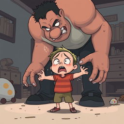 A semi-cartoon style illustration depicting the struggle of a young child trying to stand up to a larger and more imposing adult figure, filled with dramatic expressions of fear and defiance