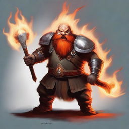 A semi-realistic digital art image of a Dwarf Battle Rager from Dungeons and Dragons 5e, engulfed in flames and wielding battle axes