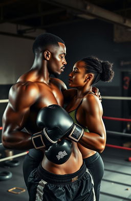 A passionate and intense romance scene set in a boxing gym, featuring a strong black woman and a muscular black man